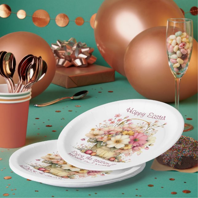 Assiettes En Carton Happy Easter Spring Pink and Yellow Flowers (Multi)