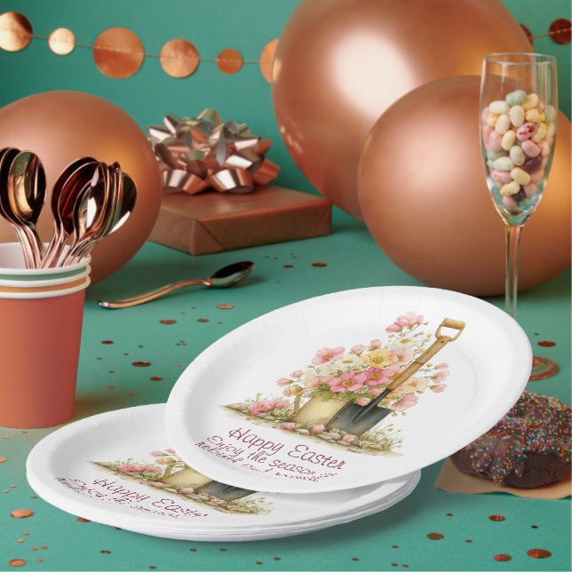 Assiettes En Carton Happy Easter Spring Pink and Yellow Flowers Spade (Multi)