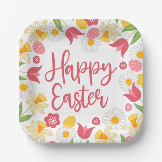 Assiettes En Carton Happy Easter | Yellow and Red Floral  (Recto)