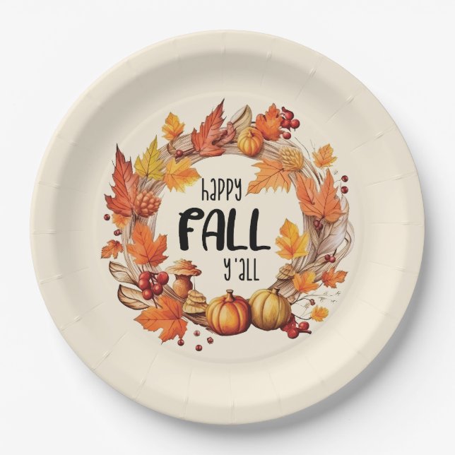 Assiettes En Carton Happy Fall Y'all - Citrouille & Autumn Leaves Wrea (Devant)