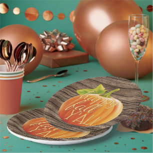 Assiettes En Carton Happy Fall Y'all Orange Citrouille sur Planks Moti