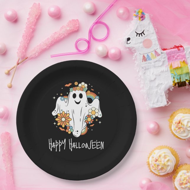 Assiettes En Carton Happy Ghost Retro Hippie Vibe Halloween (Fête)