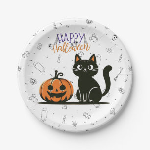 Assiettes En Carton Happy Halloween chat et citrouille