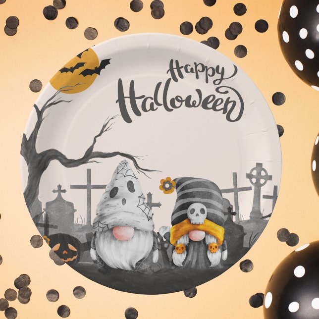 Assiettes En Carton Happy Halloween Gnomes rétro dans le cimetière (Créateur téléchargé)