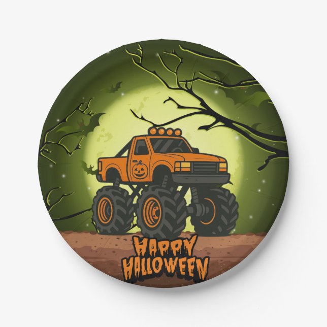 Assiettes En Carton Happy Halloween Monster Truck avec chauves-souris  (Devant)