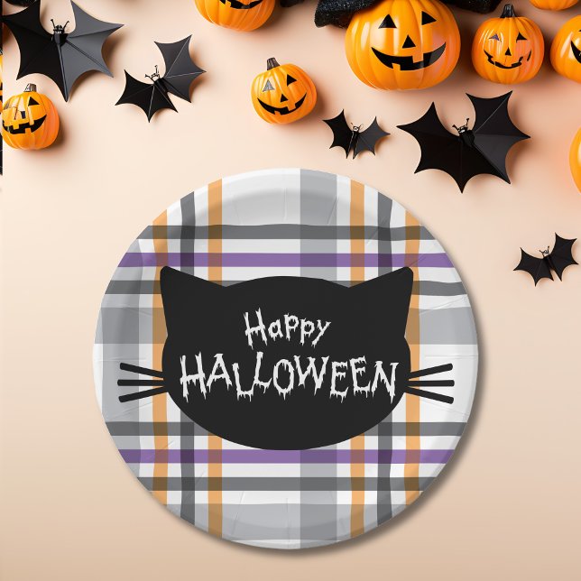 Assiettes En Carton Happy Halloween noir Chat visage Silhouette (Happy Halloween Black Cat Face Silhouette Paper Plates)