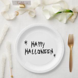 Assiettes En Carton Happy Halloween noir et blanc effrayant typographi