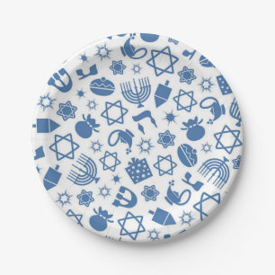 Assiettes En Carton Happy Hanoukka Jewish Star Menorah Blue Paper Pla