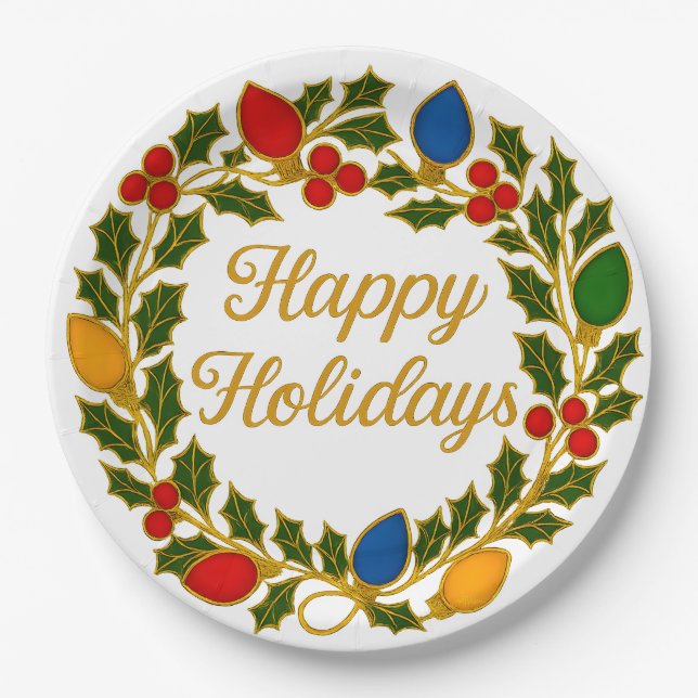 Assiettes En Carton Happy Holidays Wreath Christmas Lights and Holly (Devant)