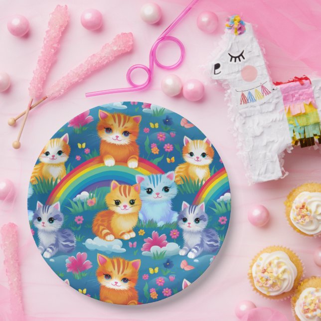 Assiettes En Carton Happy Kitty Cats on Rainbow Clouds (Fête)