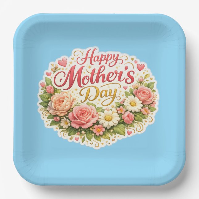 Assiettes En Carton Happy Mother's Day elegant floral wreath blue (Recto)