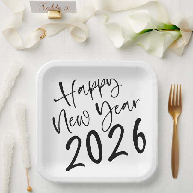 Assiettes En Carton Happy New Year 2026 Black Script  (Mariage)