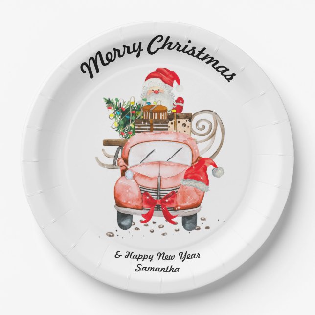 Assiettes En Carton Happy new year Santa truck merry Christmas (Devant)