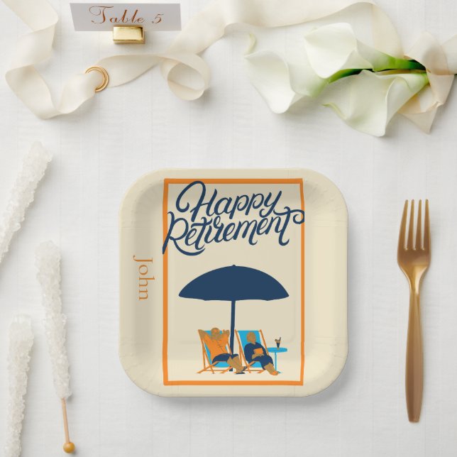 Assiettes En Carton Happy Retirement Beach Nom du monogramme (Mariage)