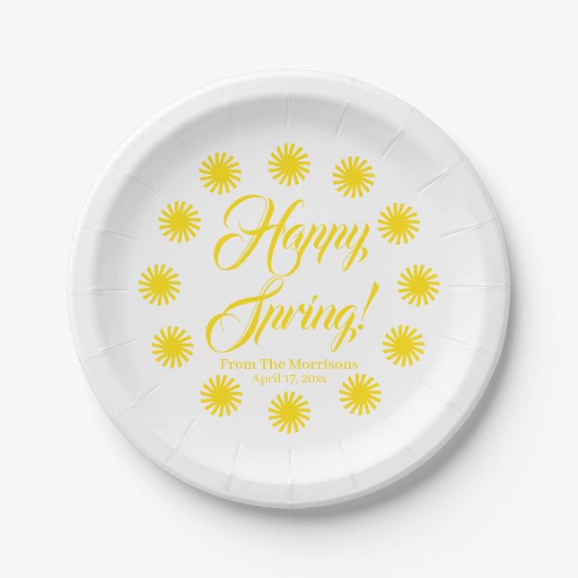 Assiettes En Carton Happy Spring jaune soleil bordure personnalisée jo (Devant)