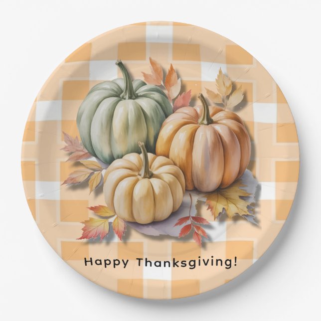 Assiettes En Carton Happy Thanksgiving Pumpkins & Autumn Leaves (Devant)