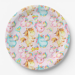 Assiettes En Carton Happy Unicorns Motif-Unicorn Amour en rose
