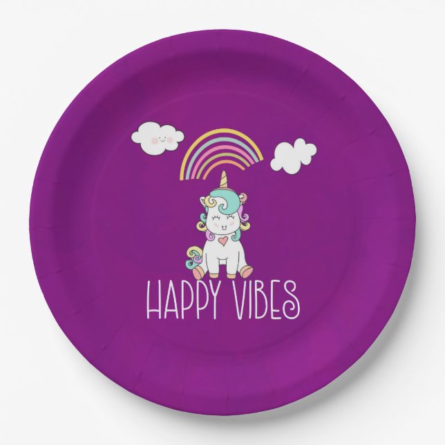 Assiettes En Carton Happy Vibes Typographie Awesome Rainbow & Unicorn (Devant)