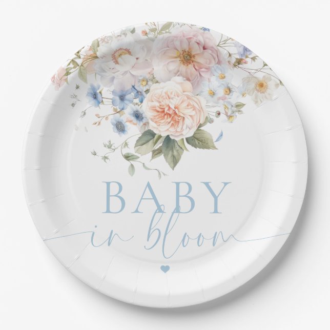 Assiettes En Carton Hargove Blue Floral Baby dans le Baby shower de fl (Devant)