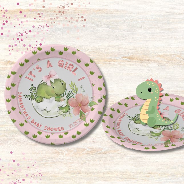Assiettes En Carton Hatching Dino with Pink Bow Baby Shower Plates (Hatching Dino with Pink Bow Baby Shower Plates)