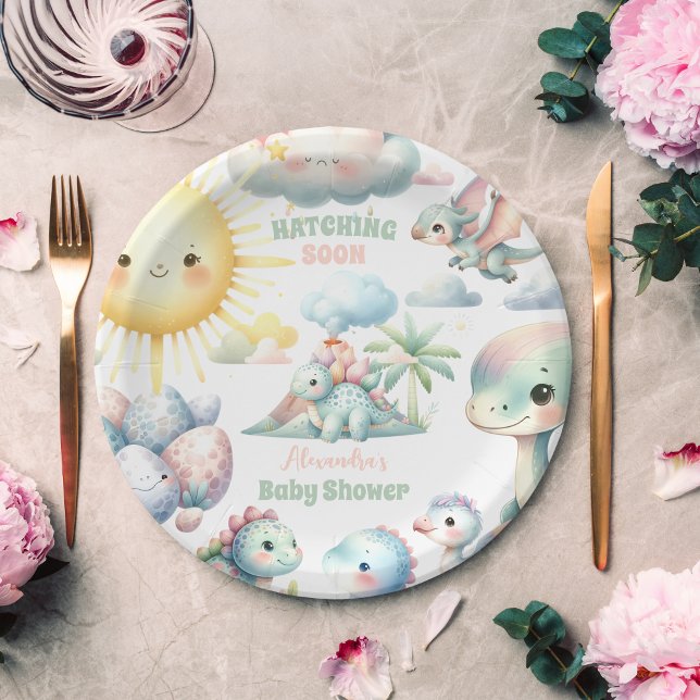 Assiettes En Carton Hatching Pastel Whimsical Bientôt Baby shower Dino (Créateur téléchargé)
