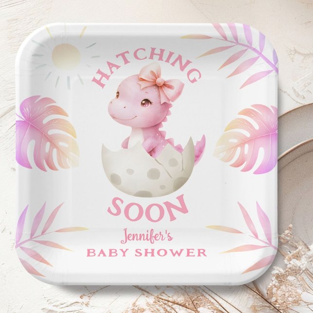 Assiettes En Carton Hatching Soon Dinosaur Baby Shower Girl Pink (Créateur téléchargé)