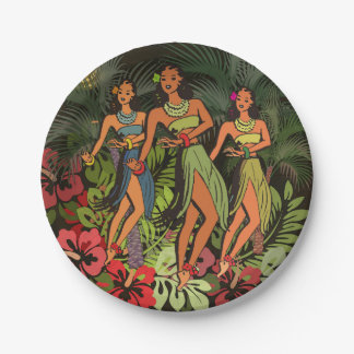 Assiettes En Carton Hawaï Vintage Danseuses de Hula Rétro Tiki Palmier