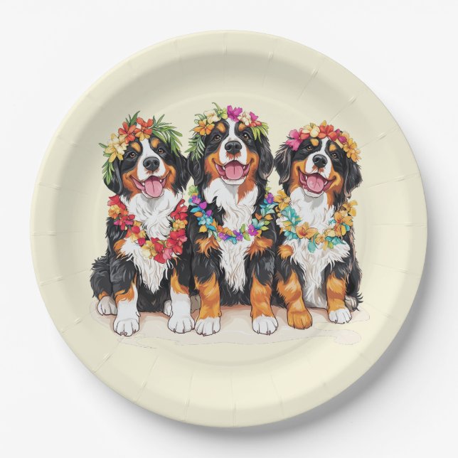 Assiettes En Carton Hawaiian Bernese Mountain Dogs Flower Lei (Devant)
