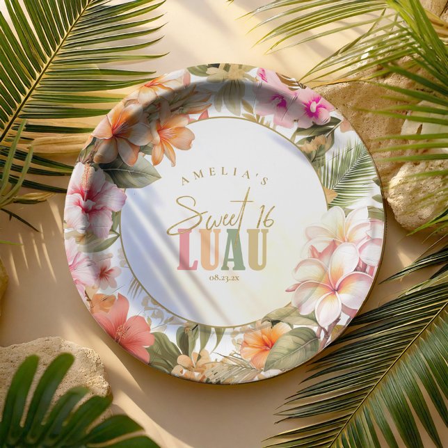 Assiettes En Carton Hawaiian Luau Sweet sixteen frontière florale ID10 (Créateur téléchargé)