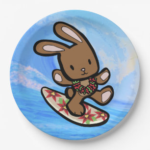 Assiettes En Carton Hawaiian Surfing Bunny Cartoon de vacances