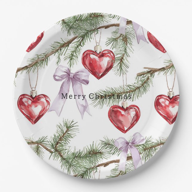 Assiettes En Carton Hearts Trees Red Purple Bows Christmas (Devant)