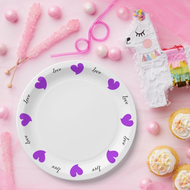 Assiettes En Carton Hearty Hearts Purple - Custom Text Paper Plates (Fête)