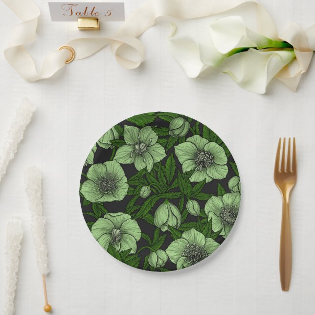 Assiettes En Carton Hellebores blancs avec feuille (Mariage)