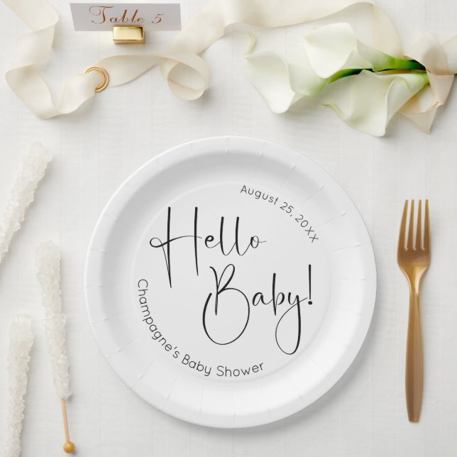 Assiettes En Carton Hello Baby Modern Script Baby shower (Mariage)