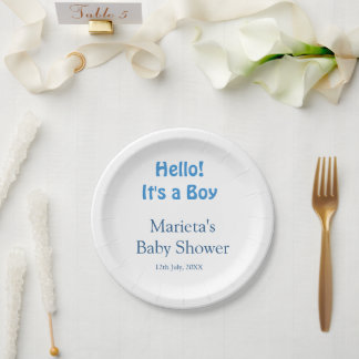 Assiettes En Carton Hello ITS A BOY BABY SHOWER BLUE NAME DATE SIMPLE