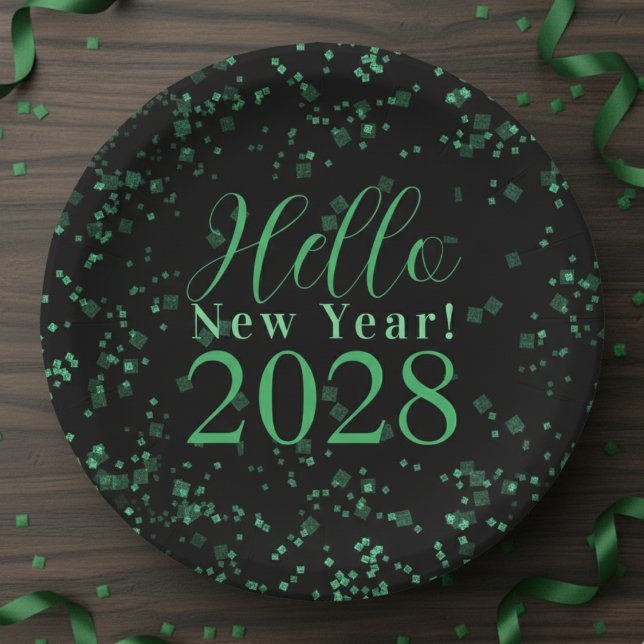 Assiettes En Carton Hello New Year! New Year's Eve Green Black Sparkle (Créateur téléchargé)