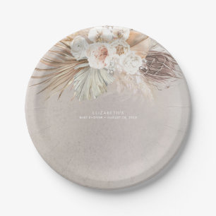 Assiettes En Carton Herbe de la pampa et fleurs marron pastel doux 