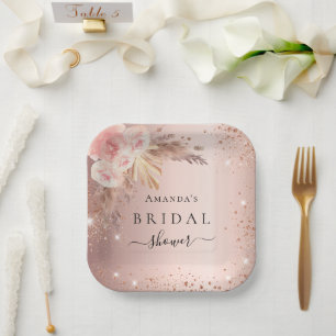 Assiettes En Carton Herbe de pampa rose gold florale pour la douche de