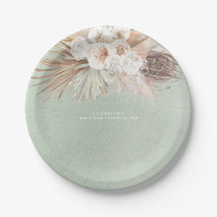 Assiettes En Carton Herbe de Pampas et fleurs vert sauge pastel doux
