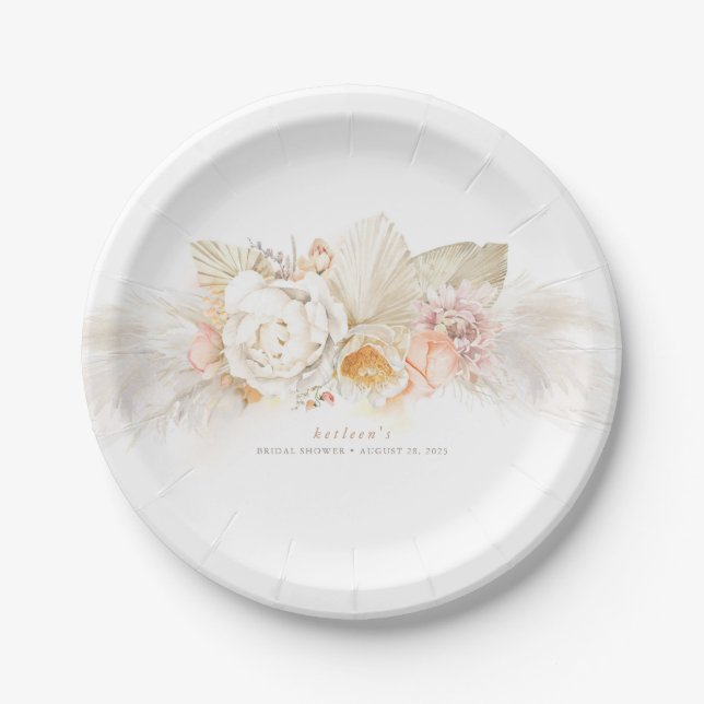 Assiettes En Carton Herbe de Pampas Pastel Doux et Fleurs Tendre (Devant)