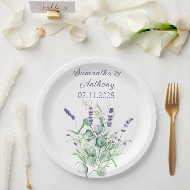 Assiettes En Carton Herbes d'aquarelle Lavender Eucalyptus violet (Mariage)