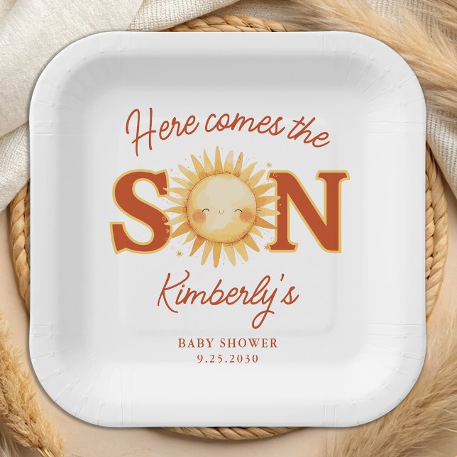Assiettes En Carton Here Comes The Son Sunshine Boho Cute Baby Shower (Créateur téléchargé)