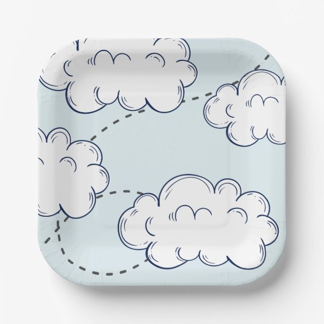 Assiettes En Carton Heure Vol Avion Nuages Anniversaire (Recto)