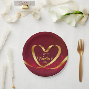 Assiettes En Carton Heureuse Sainte-Valentin de ruban d'or du coeur ro