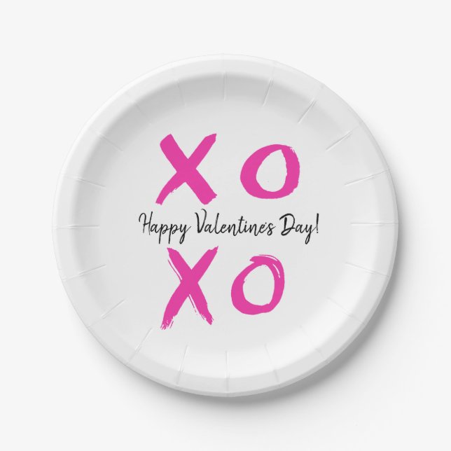 Assiettes En Carton Heureuse Sainte-Valentin rose blanc XOXO (Devant)