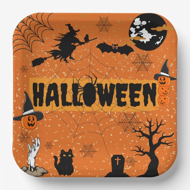 ASSIETTES EN CARTON HEUREUSES PLAQUES DE PAPIER HALLOWEEN(ORANGE) (Recto)