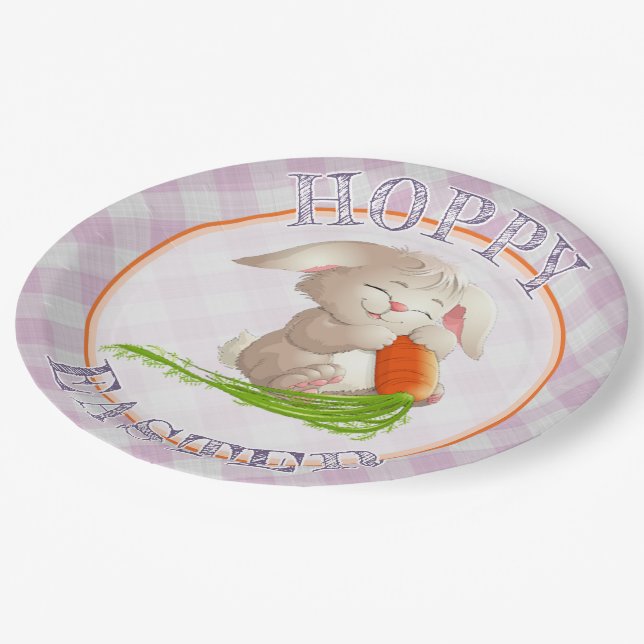 Assiettes En Carton Heureux Bunny Pâques rose En vichy Motif (Angle)