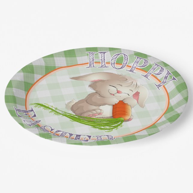 Assiettes En Carton Heureux Bunny Pâques Vert En vichy Motif (Angle)
