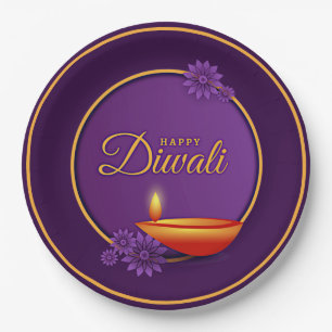 Assiettes En Carton Heureux Diwali Diya bougie violet or