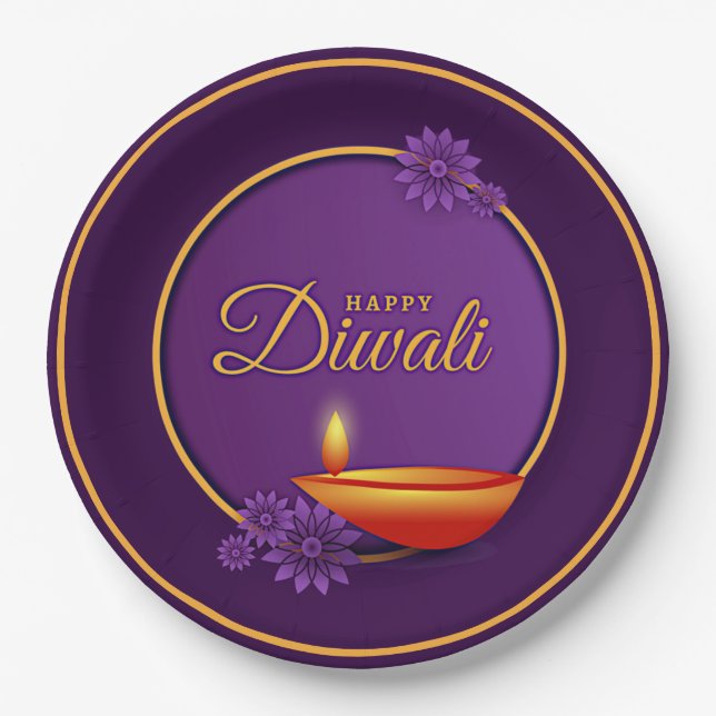 Assiettes En Carton Heureux Diwali Diya bougie violet or 9" (Devant)